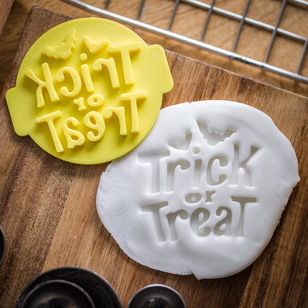 The Cookie Cutter Hub Trick or Treat 2 Bats Embosser No 70 /Stamp for Cupcakes Fondant Icing Clay Cake Baking Decoration