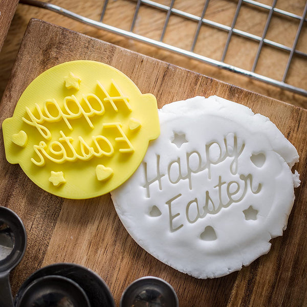 The Cookie Cutter Hub Happy Easter Stars & Hearts Embosser No 49 /Stamp for Cupcakes Fondant Icing Clay Cake Baking Decoration